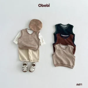 A611 – Áo Gile Chui Đầu Trẻ Em Thu Đông Họa Tiết Kẻ Nổi Bật Obebi