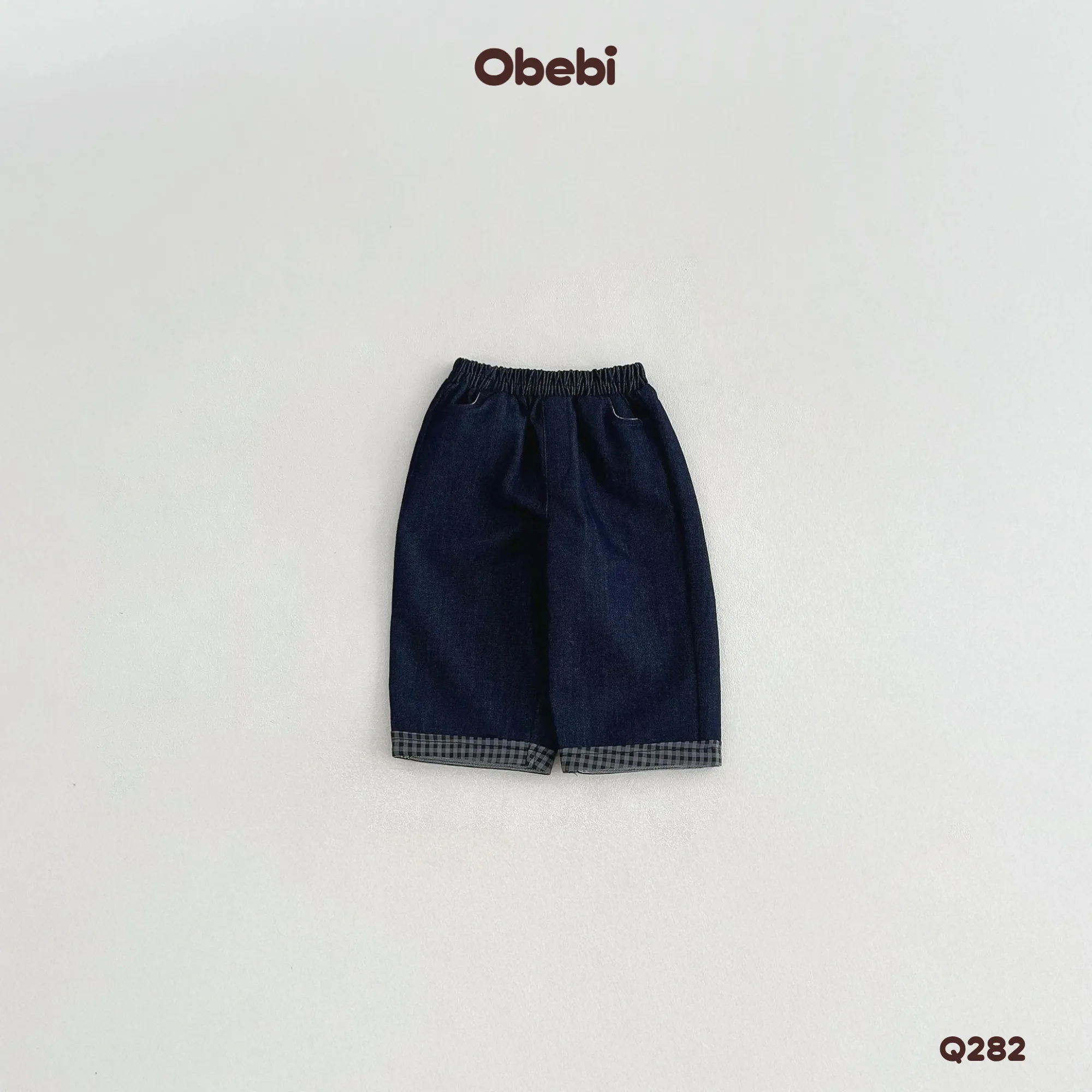 Q282 – Quần Denim Trẻ Em Thu Đông Xắn Gấu Phối Kẻ Obebi