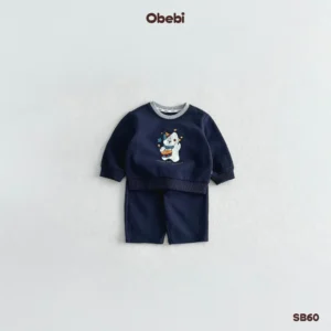 SB60 – Bộ nỉ trẻ em thu đông phối cổ hình in nhân vật thương hiệu Obebi