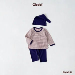 BMN256 – Bộ Mặc Nhà Trẻ Em Thu Đông Kèm Mũ Áo Gân Kẻ Phối Quần Mũ Trơn Obebi