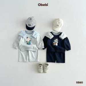 SB60 – Bộ nỉ trẻ em thu đông phối cổ hình in nhân vật thương hiệu Obebi
