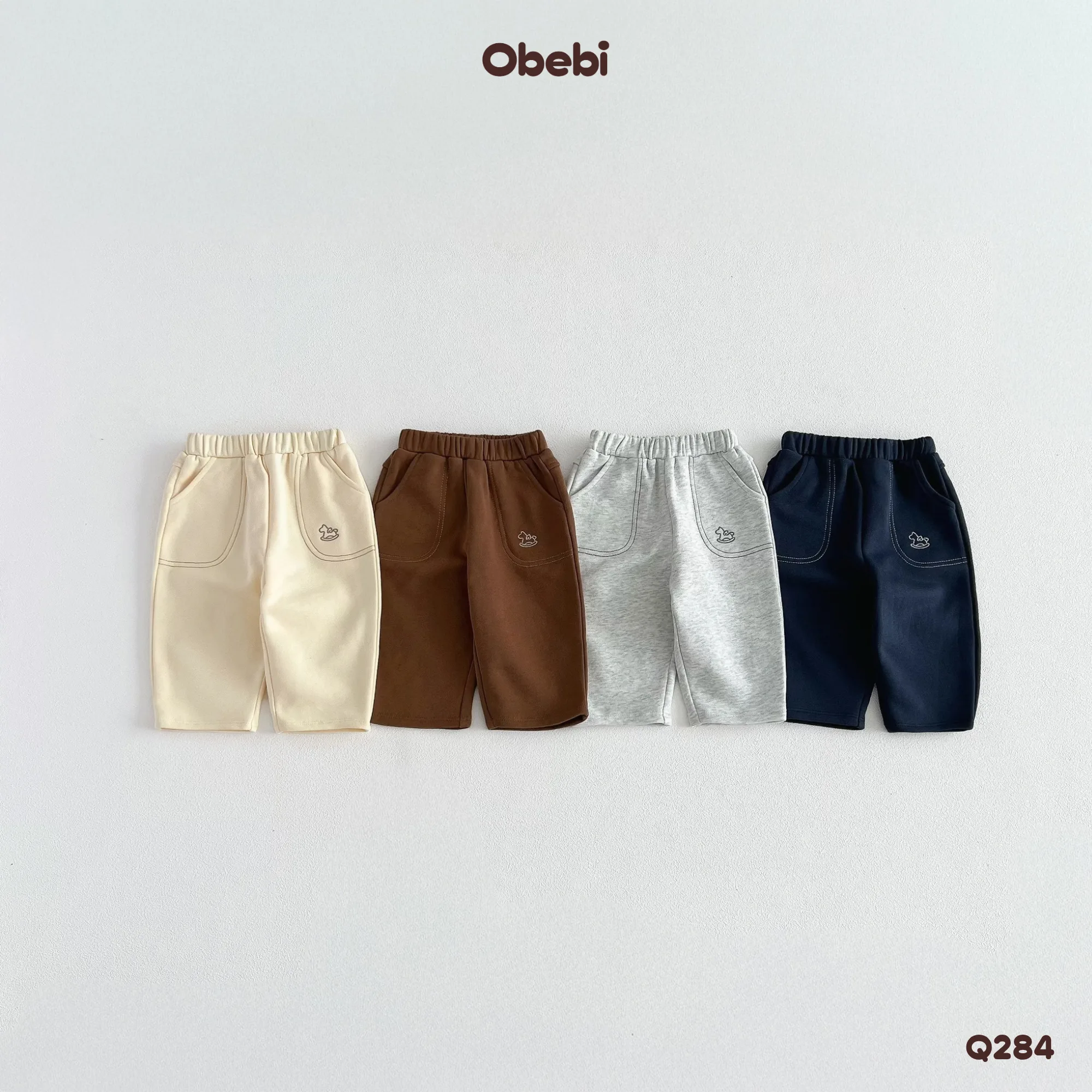Q284-Quần nỉ trẻ em thu đông thêu hình ngựa gỗ Obebi
