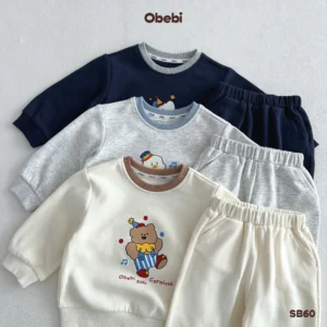 SB60 – Bộ nỉ trẻ em thu đông phối cổ hình in nhân vật thương hiệu Obebi