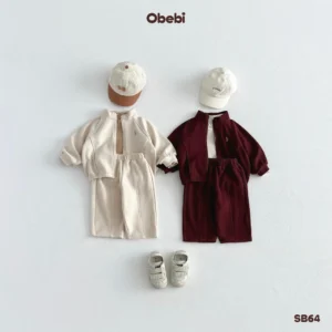 SB64-Bộ nỉ trẻ em thu đông áo kéo khóa quần suông Obebi