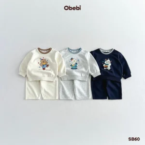 SB60 – Bộ nỉ trẻ em thu đông phối cổ hình in nhân vật thương hiệu Obebi
