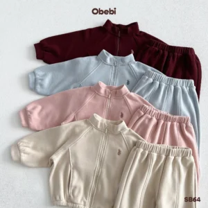 SB64-Bộ nỉ trẻ em thu đông áo kéo khóa quần suông Obebi