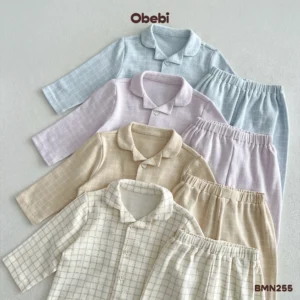 BMN255 – Bộ Pyjama Trẻ Em Thu Đông In Tràn Họa Tiết Kẻ Obebi