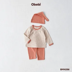 BMN256 – Bộ Mặc Nhà Trẻ Em Thu Đông Kèm Mũ Áo Gân Kẻ Phối Quần Mũ Trơn Obebi