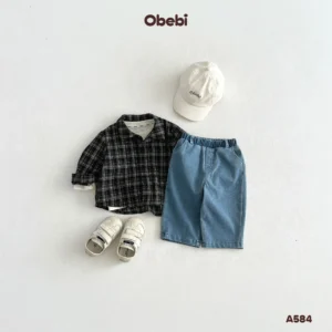 A584 – Áo Sơ Mi Dài Tay Trẻ Em Thu Đông Họa Tiết Kẻ Obebi