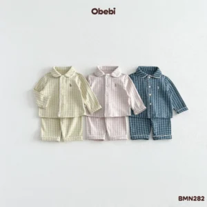 BMN282-Bộ pyjama trẻ em thu đông kẻ caro Obebi