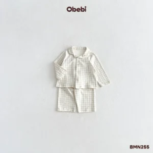 BMN255 – Bộ Pyjama Trẻ Em Thu Đông In Tràn Họa Tiết Kẻ Obebi