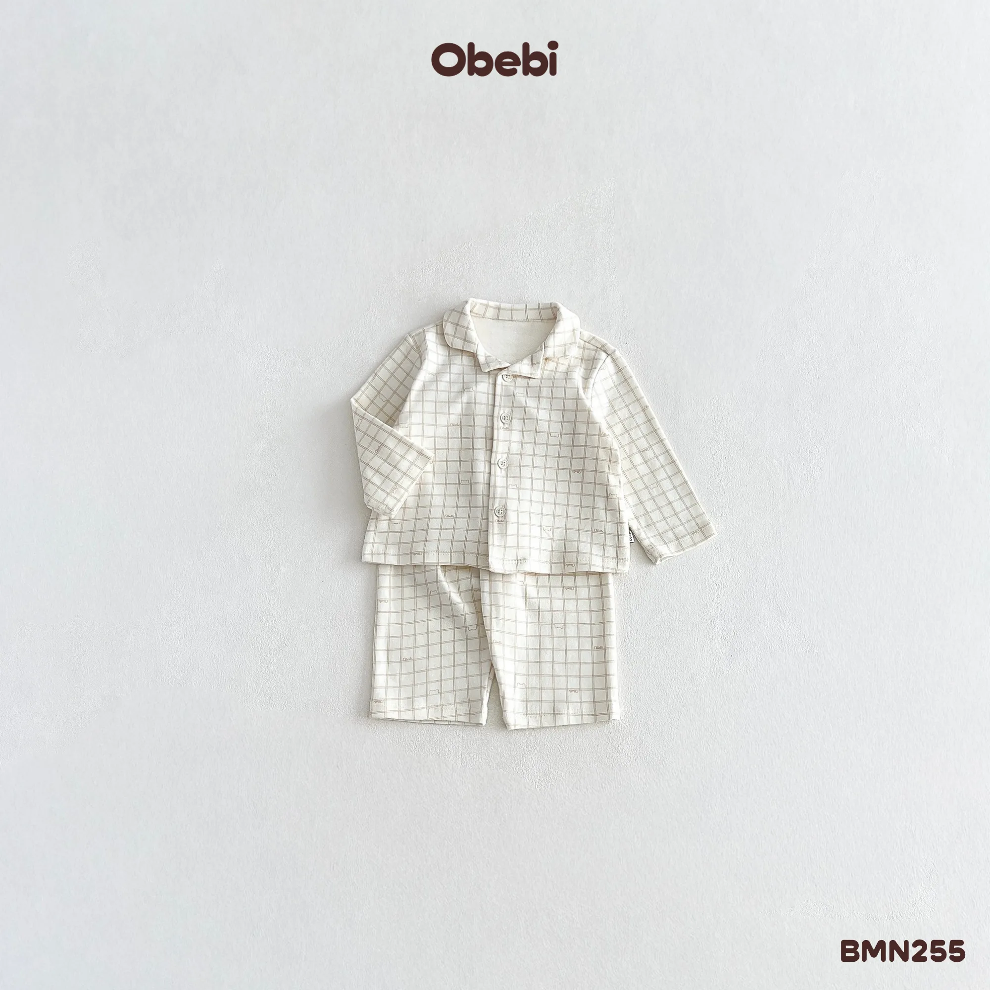 BMN255 – Bộ Pyjama Trẻ Em Thu Đông In Tràn Họa Tiết Kẻ Obebi