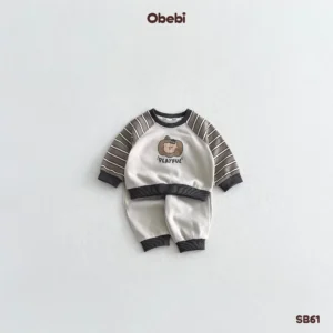 SB61 – Bộ Nỉ Trẻ Em Thu Đông Phối Tay Kẻ Hình In Bí Ngô Obebi