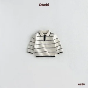 A620-Áo len chui đầu trẻ em thu đông cổ polo họa tiết kẻ ngang Obebi