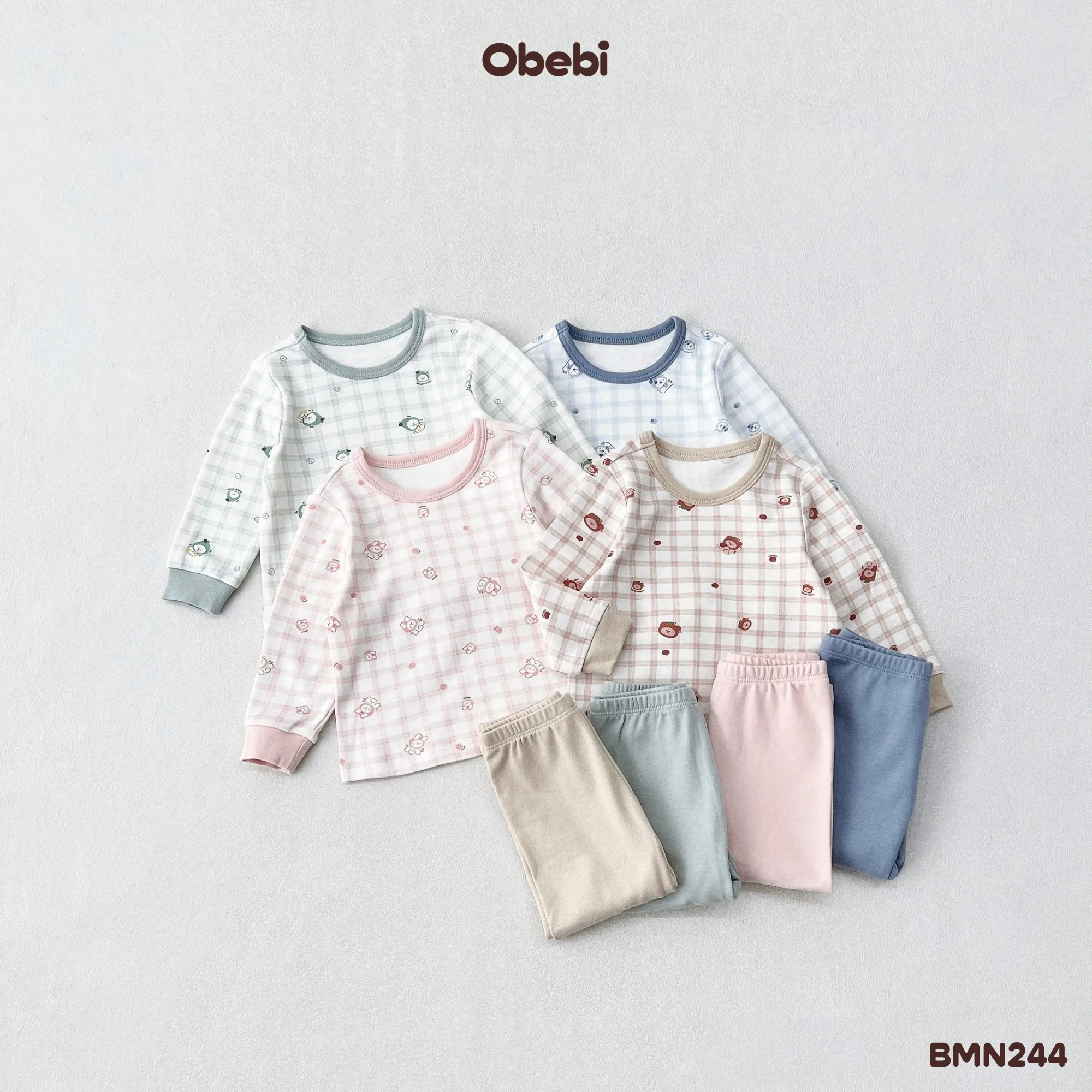 BMN244 – Bộ Mặc Nhà Trẻ Em Thu Đông Phối Màu Họa Tiết Kẻ Obebi