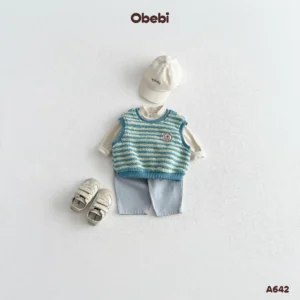 A642 – Áo gile lông trẻ em thu đông kẻ ngang Obebi