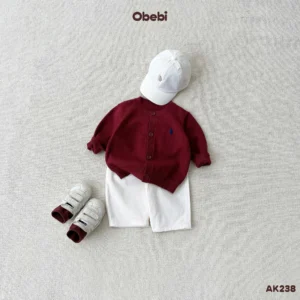 AK238 – Áo Khoác Dệt Len Trơn Trẻ Em Thu Đông Thêu Thỏ Thương Hiệu Obebi