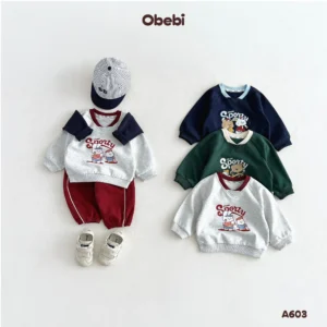A603 – Áo Dài Tay Raglan Trẻ Em Thu Đông Cổ Tim Hình In Nhân Vật Thương Hiệu Obebi