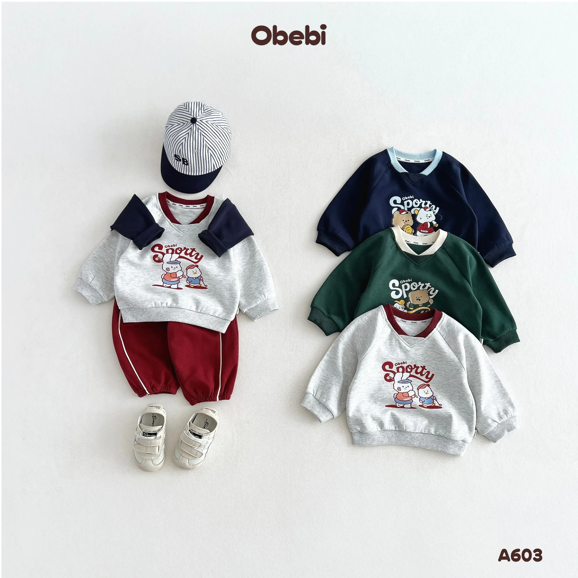 A603 – Áo Dài Tay Raglan Trẻ Em Thu Đông Cổ Tim Hình In Nhân Vật Thương Hiệu Obebi