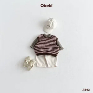 A642 – Áo gile lông trẻ em thu đông kẻ ngang Obebi