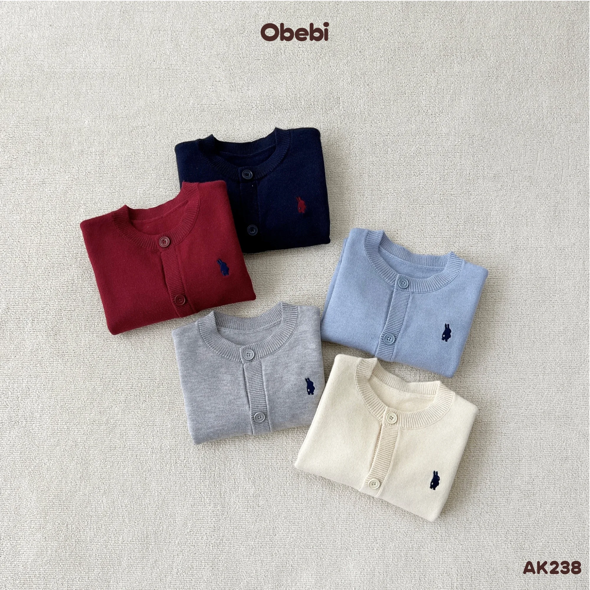 AK238 – Áo Khoác Dệt Len Trơn Trẻ Em Thu Đông Thêu Thỏ Thương Hiệu Obebi