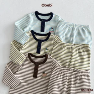 BMN286 – Bộ Mặc Nhà Trẻ Em Thu Đông Kẻ Cổ Trụ Obebi