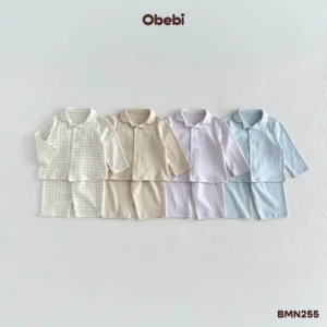 BMN255 – Bộ Pyjama Trẻ Em Thu Đông In Tràn Họa Tiết Kẻ Obebi