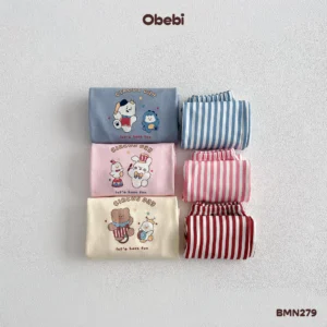 BMN279 – Bộ mặc nhà trẻ em thu đông phối quần kẻ sọc Obebi