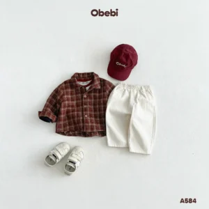 A584 – Áo Sơ Mi Dài Tay Trẻ Em Thu Đông Họa Tiết Kẻ Obebi