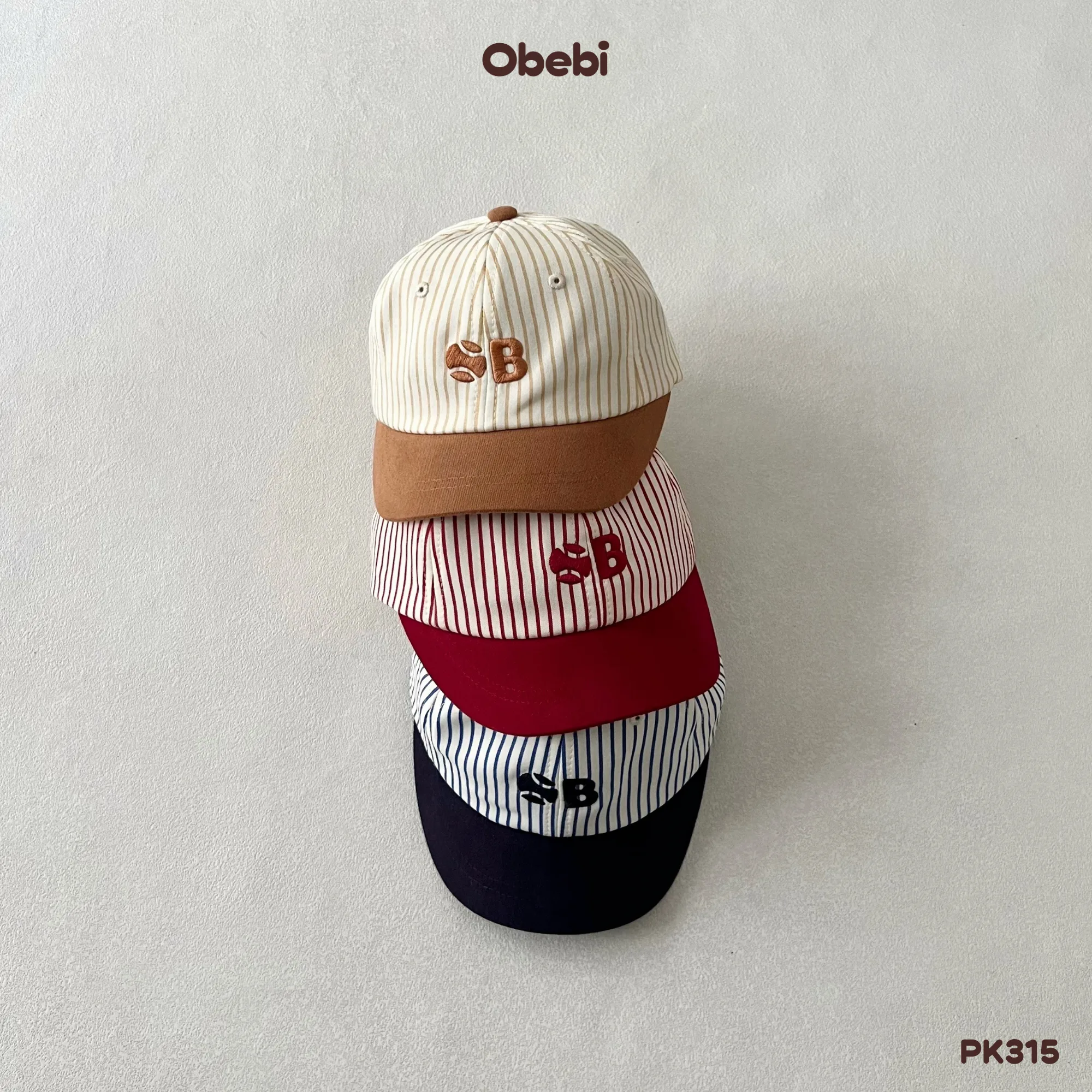 PK315 – Mũ Lưỡi Trai Kẻ Trẻ Em Thu Đông Phối Màu Thêu Chữ Obebi