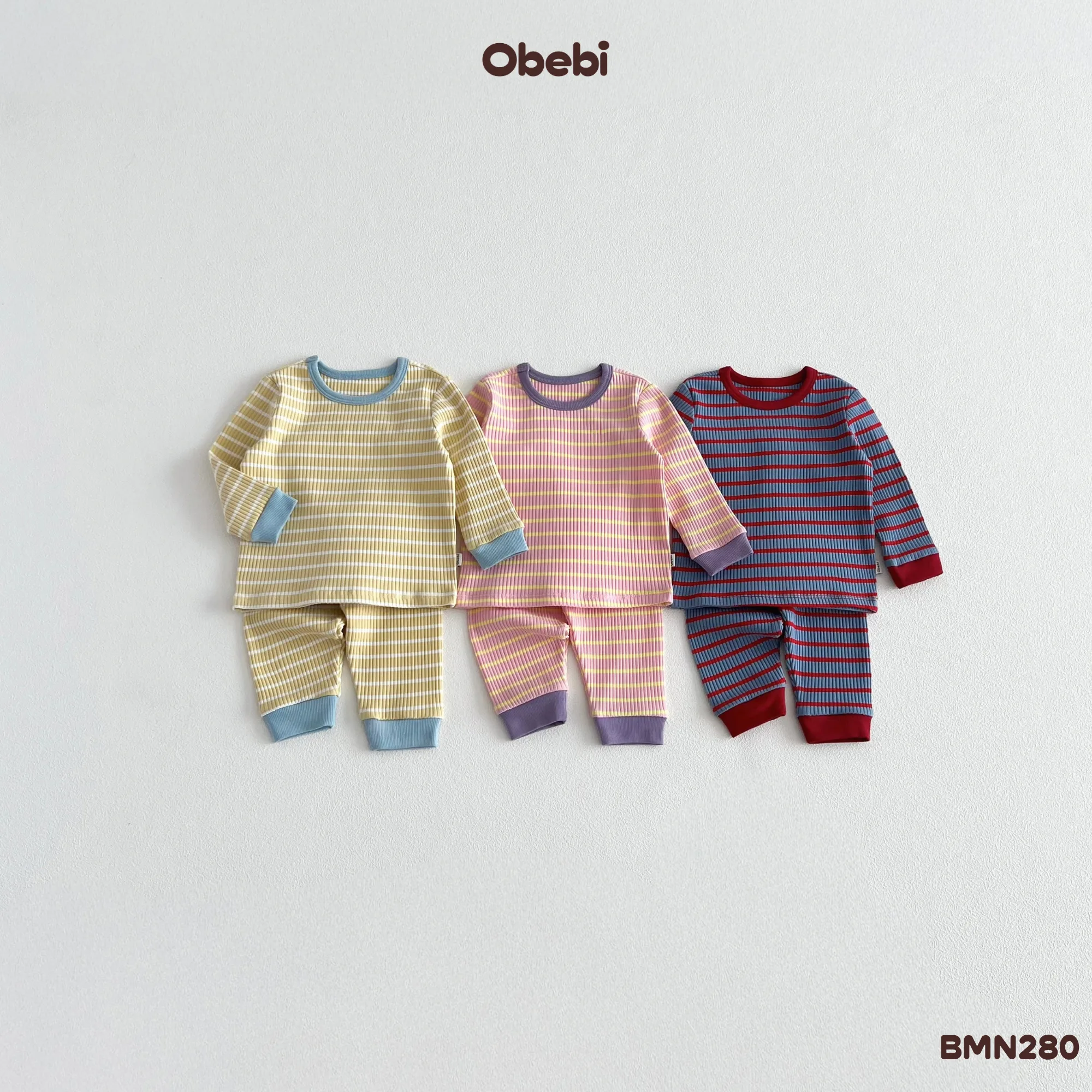 BMN280-Bộ mặc nhà trẻ em thu đông kẻ ngang phối bo Obebi