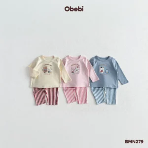 BMN279 – Bộ mặc nhà trẻ em thu đông phối quần kẻ sọc Obebi