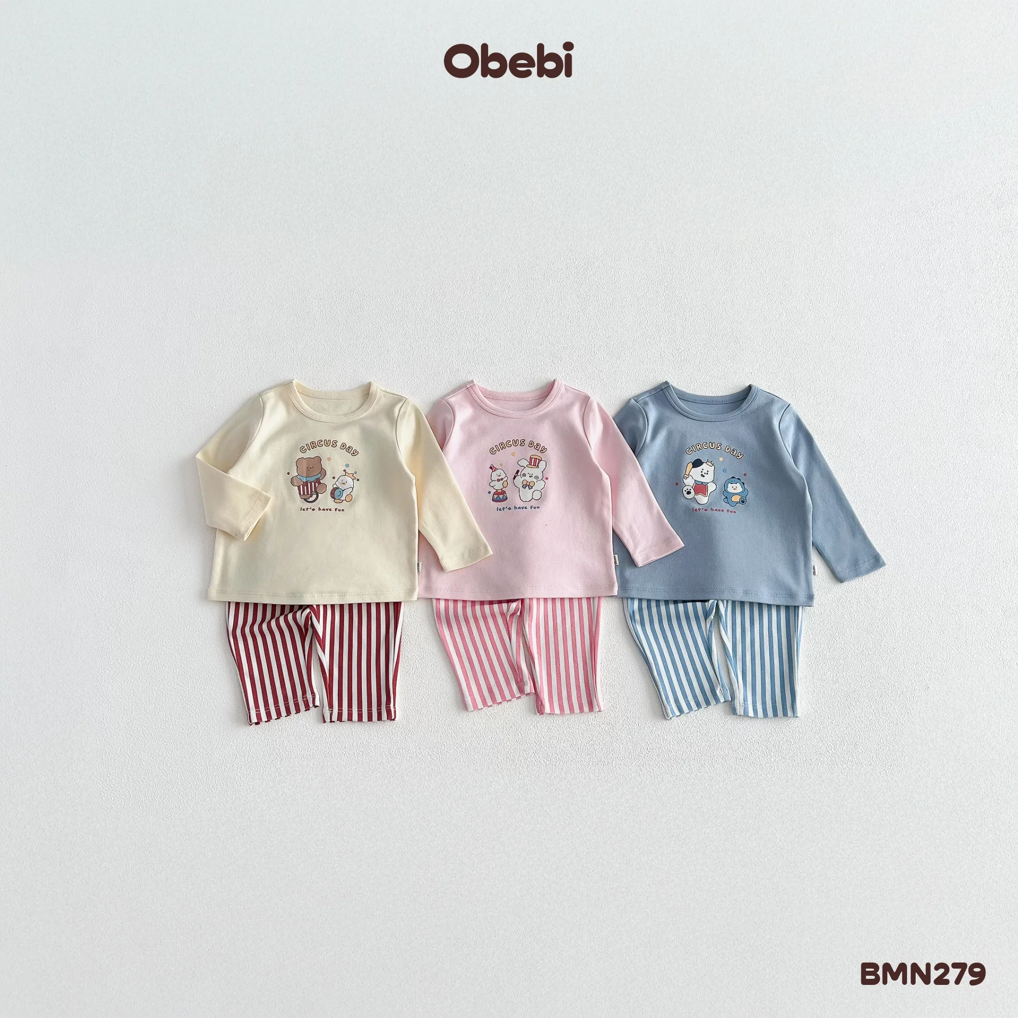 BMN279 – Bộ mặc nhà trẻ em thu đông phối quần kẻ sọc Obebi