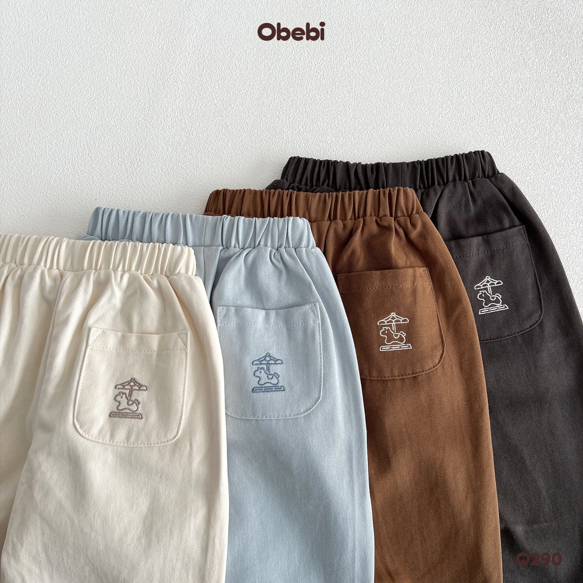 Q290-Quần kaki trẻ em thu đông thêu đu quay ngựa Obebi