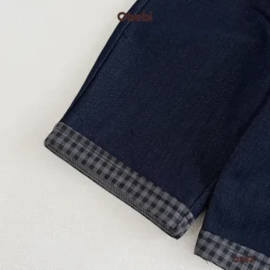 Q282 – Quần Denim Trẻ Em Thu Đông Xắn Gấu Phối Kẻ Obebi