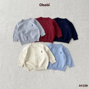 AK238 – Áo Khoác Dệt Len Trơn Trẻ Em Thu Đông Thêu Thỏ Thương Hiệu Obebi